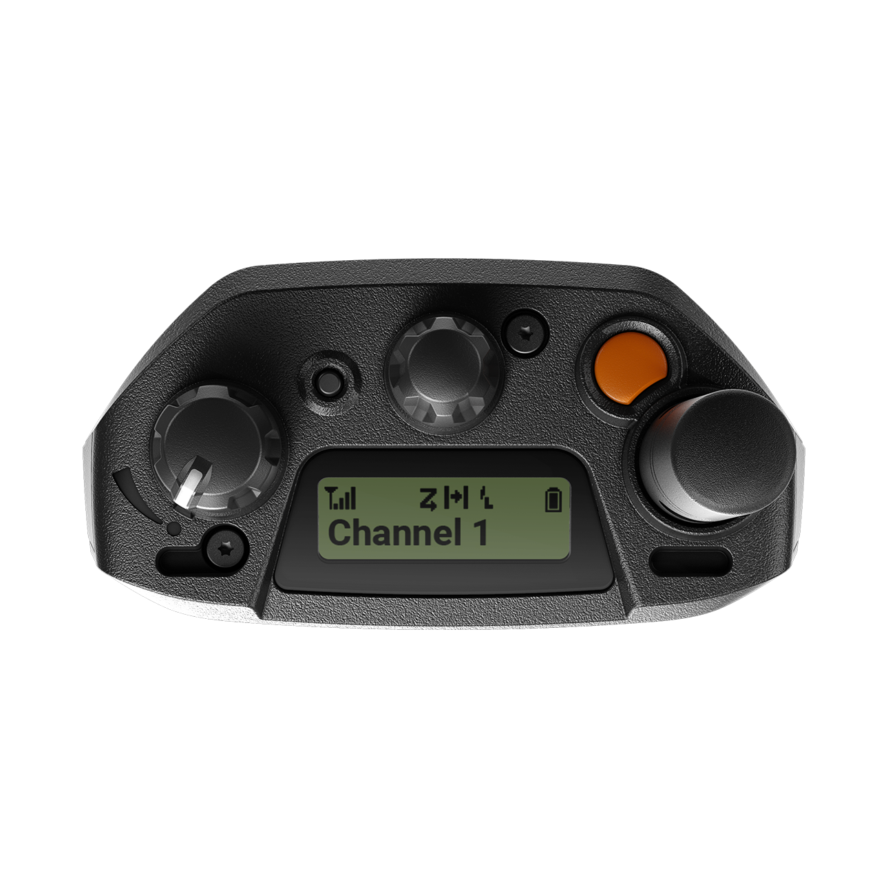 Collection of A black handheld electronic control unit with textured plastic housing, featuring rotary knobs, a central display screen showing 'Channel 1', and an orange accent button, photographed on a solid white background. in a gallery layout