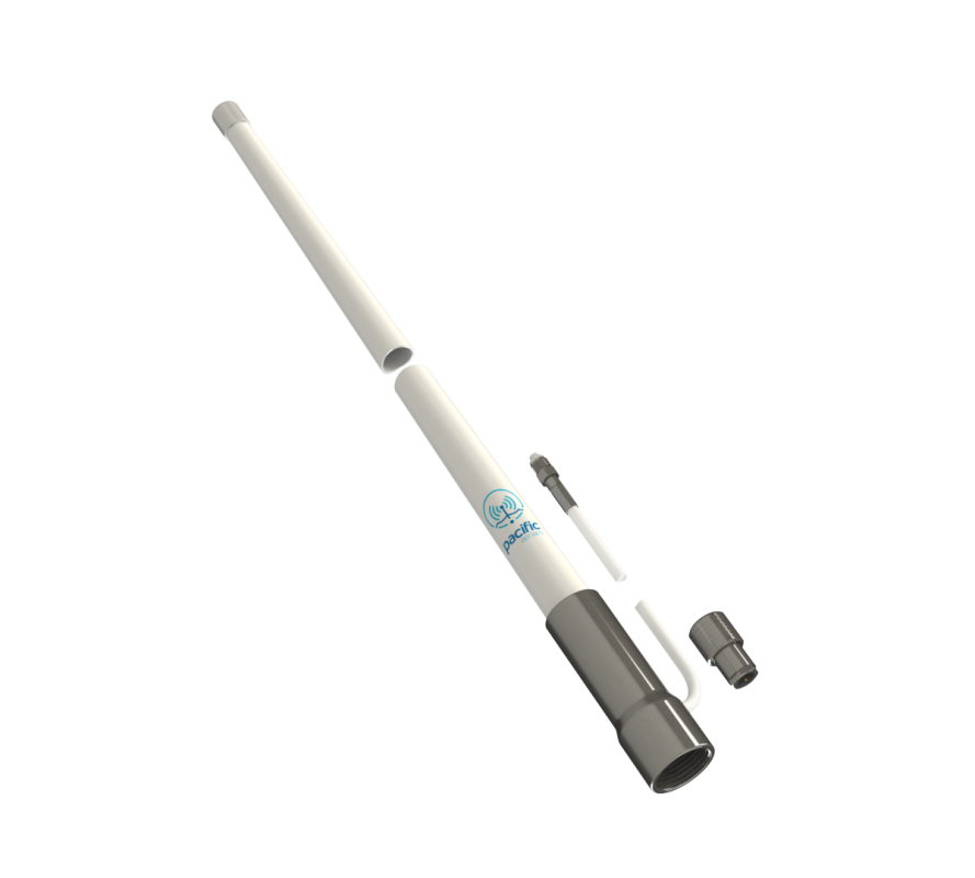 Collection of A white and dark gray telescopic pole kit with a small blue logo, shown disassembled in a gallery layout