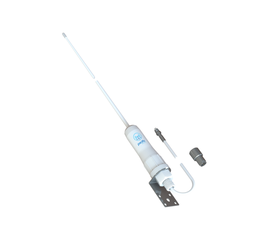 Collection of A white marine VHF antenna with a long whip, a white plastic sleeve, a metal mounting bracket in a gallery layout