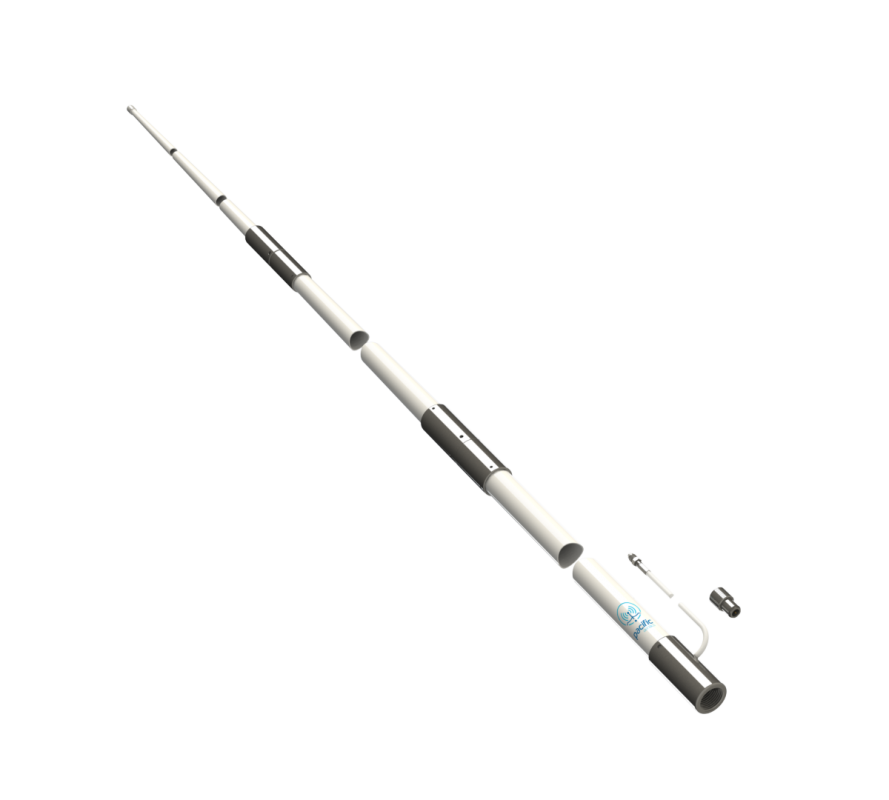 Collection of A white and black telescopic fishing rod with a matching reel in a gallery layout