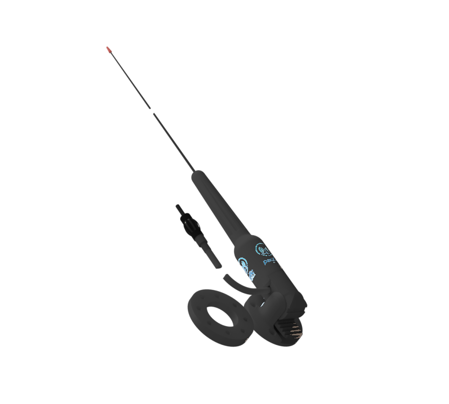 Collection of A black handheld fishing rod and reel combo with a long thin rod, a separate reel, and a small black connector piece in a gallery layout