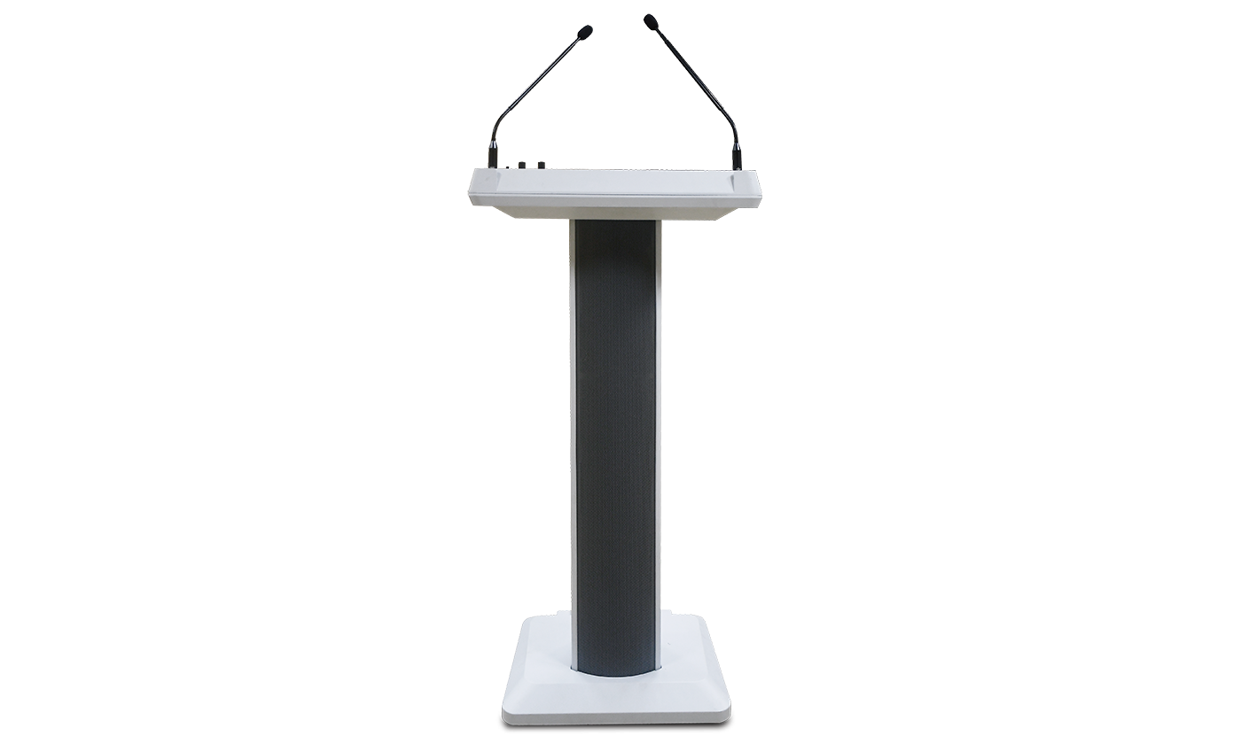 Collection of Chiayo Lectern Pro wireless PA lectern, front view with gooseneck mics in a gallery layout