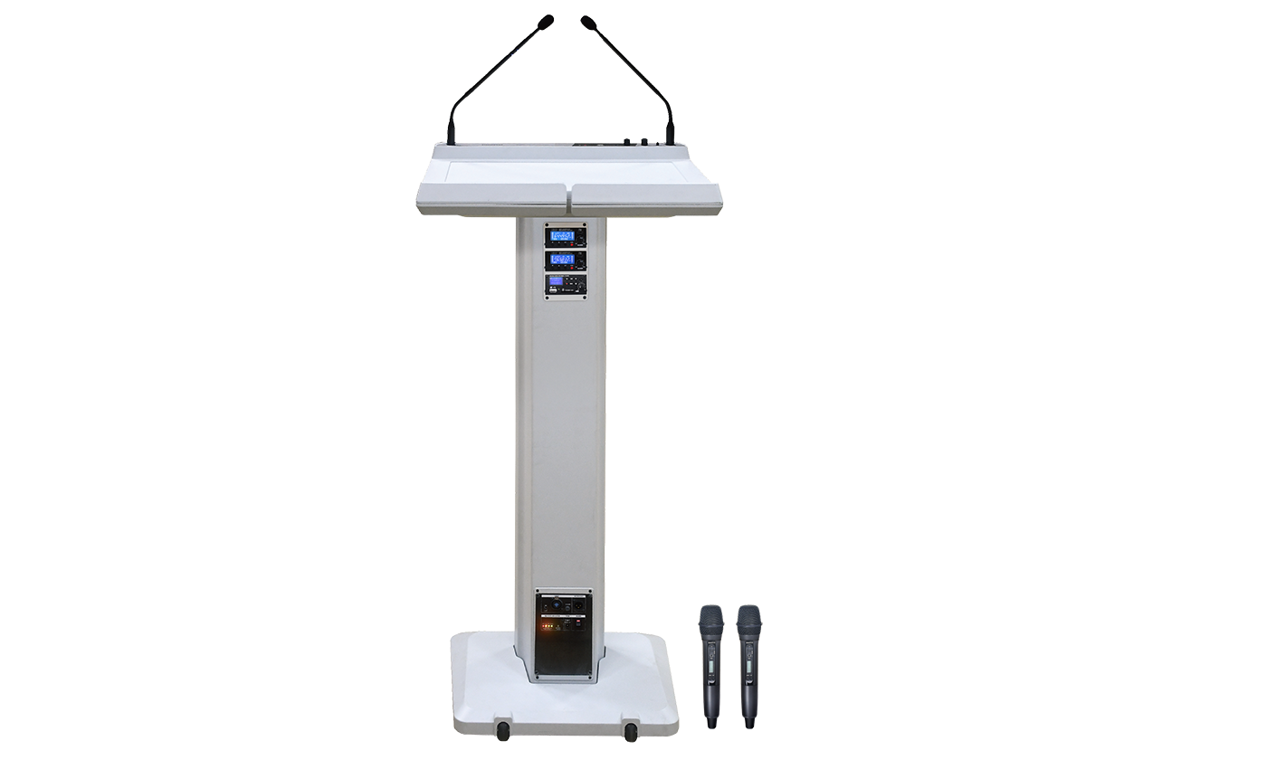Collection of Chiayo Lectern Pro wireless PA lectern, rear view showing battery bay in a gallery layout