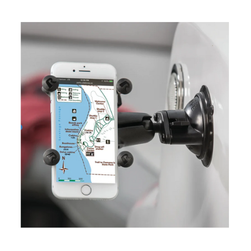 Collection of ram suction cup mount used on a vertical marine boat surface in a gallery layout