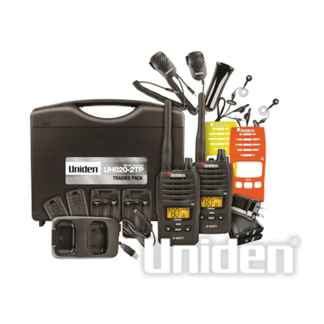Collection of Uniden UH820S-2TP UHF tradie pack in a gallery layout